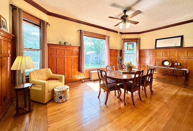 573 Rowland St, Tracy, MN 56175 - dining space featuring a textured ceiling, wainscoting, radiator heating unit, light wood-style flooring, and ceiling fan
