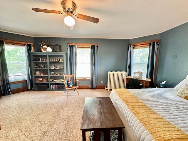 573 Rowland St, Tracy, MN 56175 - carpeted bedroom featuring radiator heating unit, multiple windows, ornamental molding, ceiling fan, and baseboards