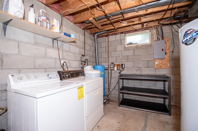19715 Tyler St NW, Elk River, MN 55330 - clothes washing area with washing machine and clothes dryer, electric panel, and concrete block wall