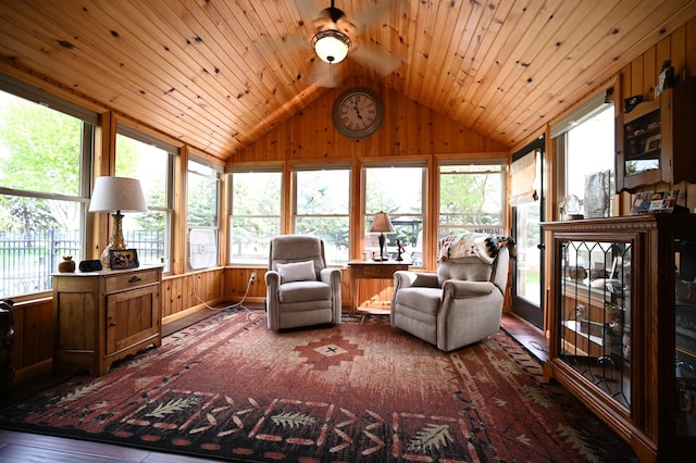306 Windcrest Ln SE, New Prague, MN 56071 - sunroom with lofted ceiling, wood walls, and wood ceiling