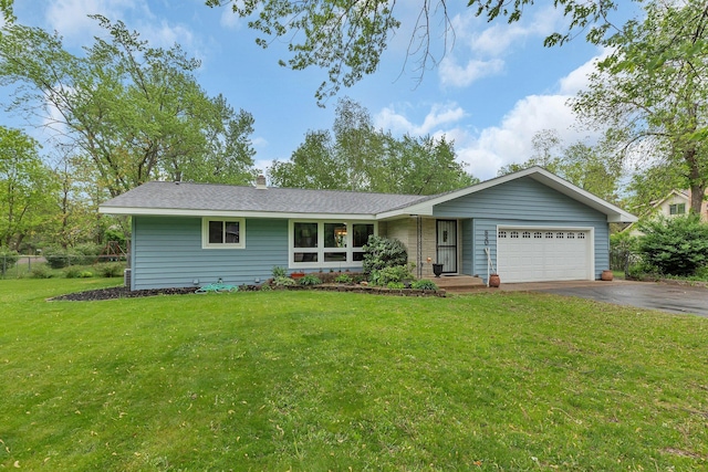 830 Halliday Rd, Saint Cloud, MN 56301 - ranch-style house with driveway, a garage, a front lawn, a shingled roof, and a chimney