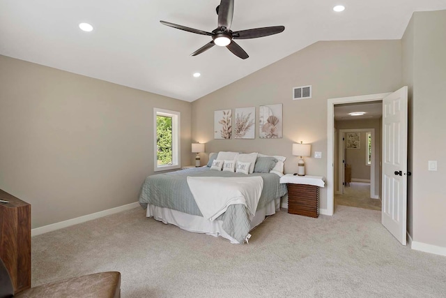77 Emerson Ave W, West Saint Paul, MN 55118 - bedroom featuring recessed lighting, vaulted ceiling, light carpet, baseboards, and a ceiling fan
