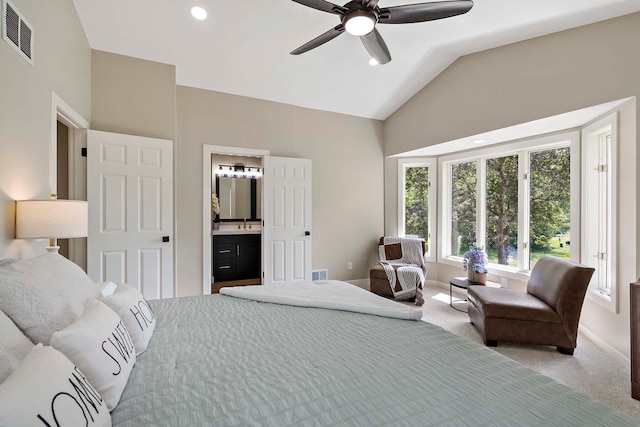 77 Emerson Ave W, West Saint Paul, MN 55118 - carpeted bedroom featuring lofted ceiling, recessed lighting, connected bathroom, baseboards, and ceiling fan