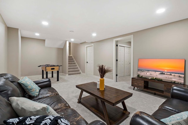 77 Emerson Ave W, West Saint Paul, MN 55118 - carpeted living room with stairway, recessed lighting, and baseboards