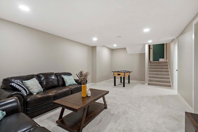 77 Emerson Ave W, West Saint Paul, MN 55118 - living room featuring light carpet, recessed lighting, stairs, and baseboards