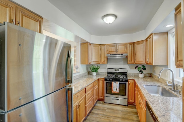 2714 18th Ave S, Minneapolis, MN 55407 - kitchen featuring appliances with stainless steel finishes, a sink, under cabinet range hood, light stone countertops, and light wood-style flooring