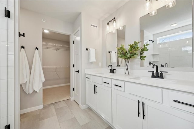 10391 Glacier Ln N, Maple Grove, MN 55369 - bathroom with tiled shower, a spacious closet, double vanity, and baseboards