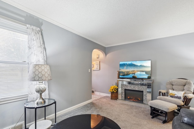 1224 Grotto St N, Saint Paul, MN 55117 - living room with ornamental molding, arched walkways, carpet floors, a tile fireplace, and baseboards