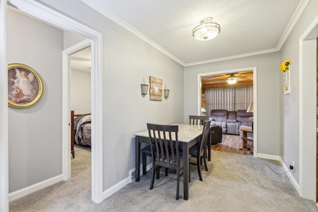 1224 Grotto St N, Saint Paul, MN 55117 - dining space featuring carpet, ornamental molding, a textured ceiling, ceiling fan, and baseboards