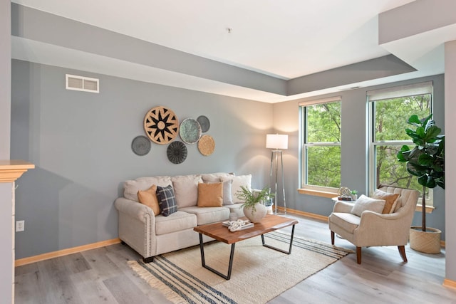 living area with wood finished floors, baseboards, and a raised ceiling
