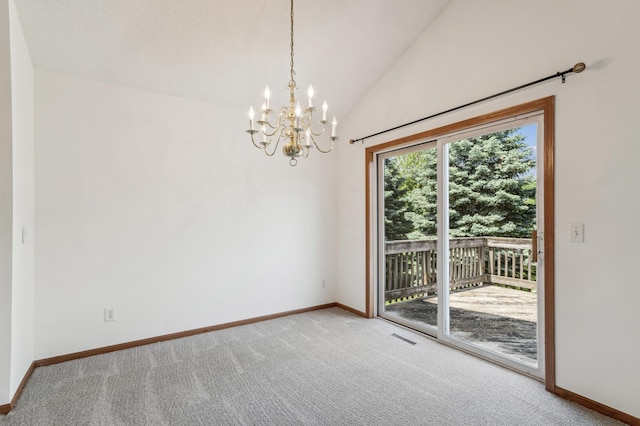 7379 Devin Ln, Shakopee, MN 55379 - unfurnished room with carpet, a chandelier, lofted ceiling, and baseboards