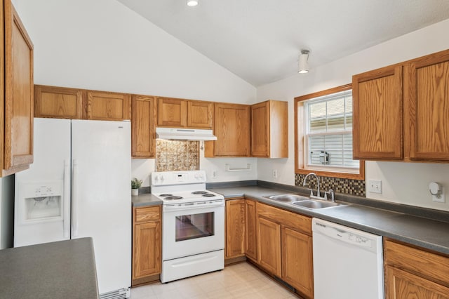 7379 Devin Ln, Shakopee, MN 55379 - kitchen with white appliances, a sink, under cabinet range hood, lofted ceiling, and tasteful backsplash