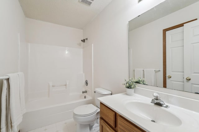 7379 Devin Ln, Shakopee, MN 55379 - bathroom with vanity, toilet, shower / tub combination, and a textured ceiling