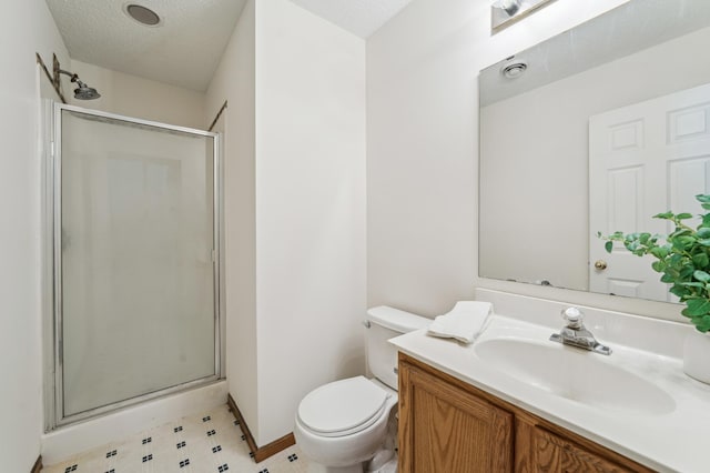 7379 Devin Ln, Shakopee, MN 55379 - bathroom with a shower stall, vanity, toilet, a textured ceiling, and baseboards