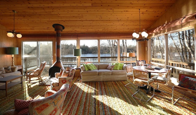6565 White Pine Ln, Biwabik Twp, MN 55741 - sunroom / solarium featuring a water view, a chandelier, wooden ceiling, and lofted ceiling