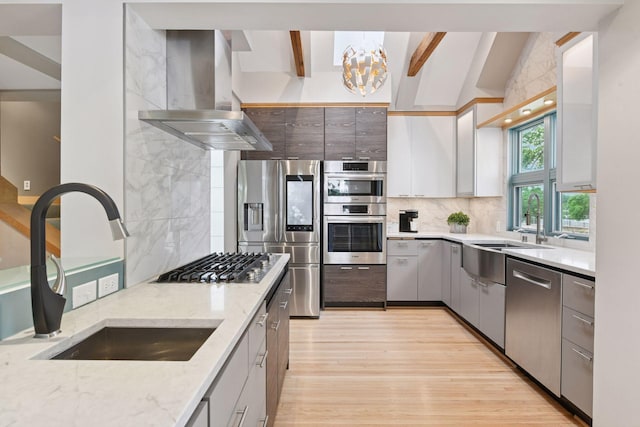 5016 Shady Oak Rd S, Minnetonka, MN 55343 - kitchen featuring appliances with stainless steel finishes, island exhaust hood, a sink, a chandelier, and backsplash