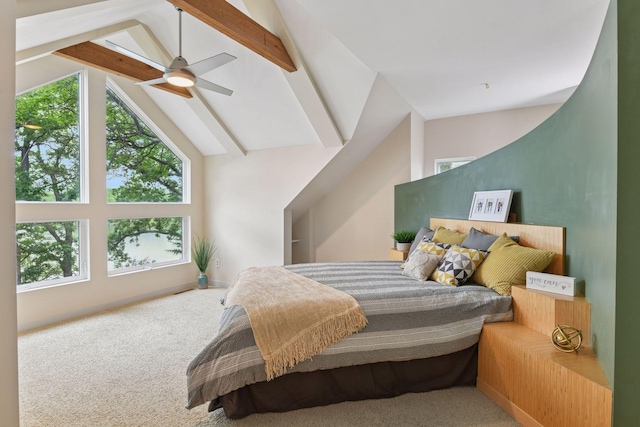 5016 Shady Oak Rd S, Minnetonka, MN 55343 - carpeted bedroom featuring multiple windows, high vaulted ceiling, beam ceiling, and ceiling fan