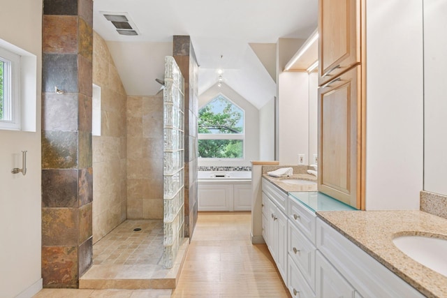 5016 Shady Oak Rd S, Minnetonka, MN 55343 - bathroom with double vanity, walk in shower, lofted ceiling, and a bath