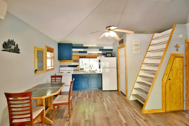 20996 County 96, Little Sauk Twp, MN 56378 - dining area with stairs, a ceiling fan, and light wood finished floors