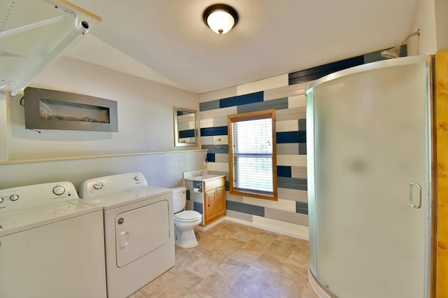 20996 County 96, Little Sauk Twp, MN 56378 - full bath featuring a stall shower, lofted ceiling, washer and dryer, toilet, and vanity