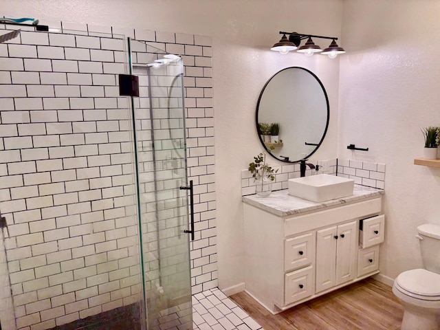 1622 82nd Ave NW, Williams, MN 56686 - bathroom featuring a shower stall, toilet, wood finished floors, tasteful backsplash, and vanity