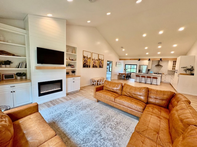 1622 82nd Ave NW, Williams, MN 56686 - living room with a glass covered fireplace, vaulted ceiling, recessed lighting, light wood finished floors, and baseboards