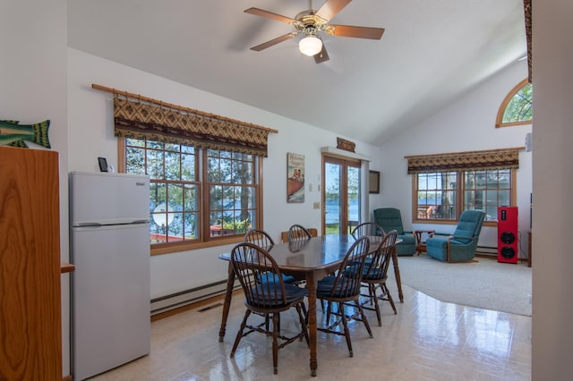601 Idlewild St Unit 102, Balsam Lake, WI 54810 - dining area featuring baseboard heating, a ceiling fan, high vaulted ceiling, and a baseboard radiator