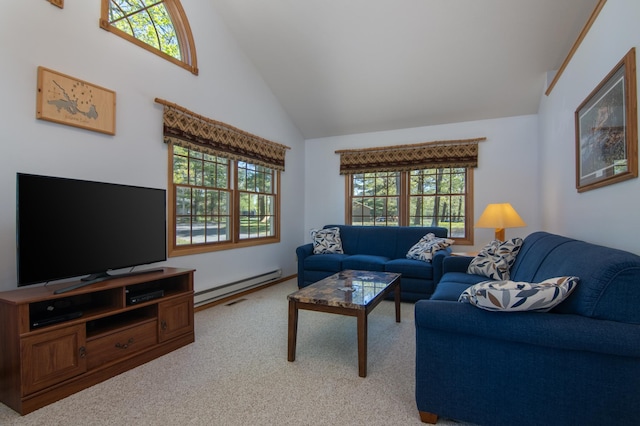 601 Idlewild St Unit 102, Balsam Lake, WI 54810 - living area with baseboard heating, high vaulted ceiling, and light colored carpet