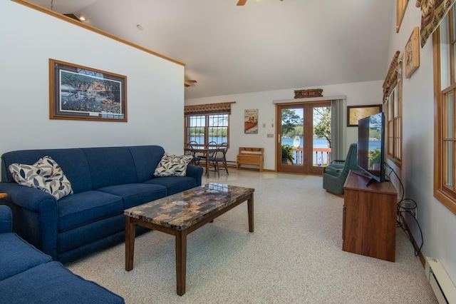 601 Idlewild St Unit 102, Balsam Lake, WI 54810 - living area featuring baseboard heating, light colored carpet, ceiling fan, and lofted ceiling