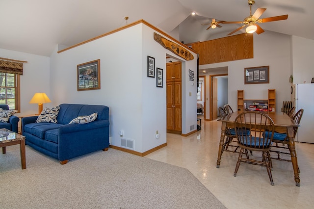 601 Idlewild St Unit 102, Balsam Lake, WI 54810 - living room with lofted ceiling, ceiling fan, and baseboards