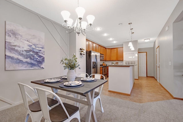 3314 Hazel Trl Unit G, Woodbury, MN 55129 - dining room featuring a chandelier, baseboards, light tile patterned floors, recessed lighting, and light carpet