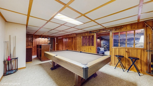 718 Atwood St S, Shakopee, MN 55379 - playroom with bar area, wood walls, baseboards, billiards table, and carpet floors