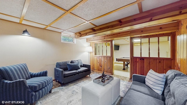 718 Atwood St S, Shakopee, MN 55379 - living room featuring wood walls and carpet