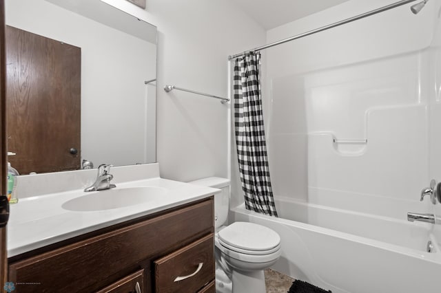 full bath with toilet, shower / bathtub combination with curtain, and vanity
