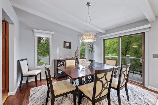 5401 Mount Normandale Dr, Bloomington, MN 55437 - dining room featuring beamed ceiling, healthy amount of natural light, baseboards, dark wood-type flooring, and a chandelier