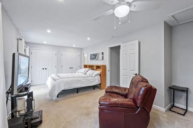 5401 Mount Normandale Dr, Bloomington, MN 55437 - bedroom with light carpet, two closets, baseboards, recessed lighting, and attic access