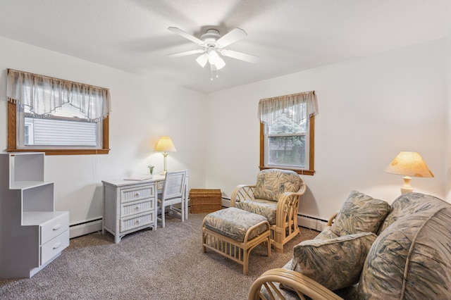 4708 Virginia Ave N, New Hope, MN 55428 - living area with a baseboard radiator, a ceiling fan, and carpet flooring