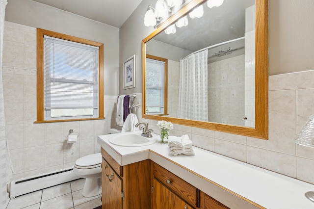 4708 Virginia Ave N, New Hope, MN 55428 - full bath with a baseboard radiator, tile walls, vanity, tile patterned floors, and a shower with shower curtain