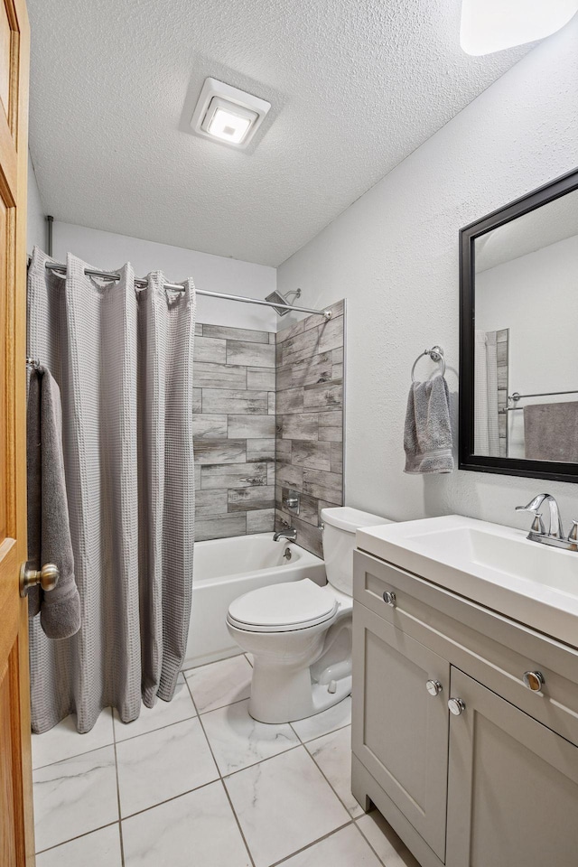 9239 Harbor Ln N, Maple Grove, MN 55369 - full bathroom featuring a textured ceiling, toilet, vanity, marble look tile flooring, and shower / bath combination with curtain