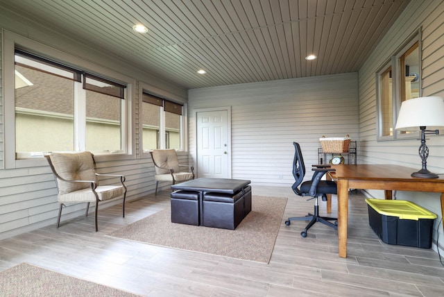 office area featuring wood walls, recessed lighting, wood finished floors, and wooden ceiling