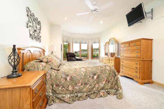 bedroom featuring light colored carpet, recessed lighting, and a ceiling fan