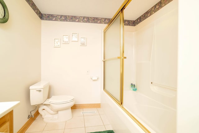 full bath featuring tile patterned flooring, toilet, baseboards, combined bath / shower with glass door, and vanity