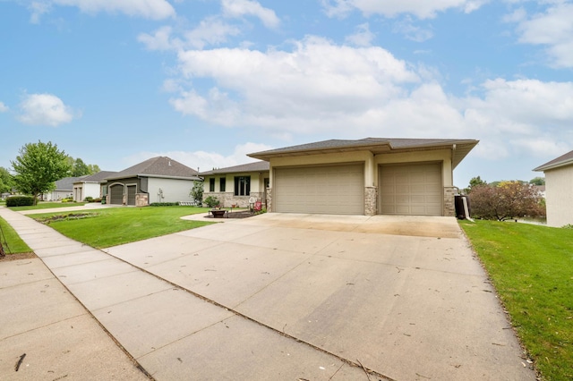 view of front of house featuring a front yard, a garage, driveway, and stone siding
