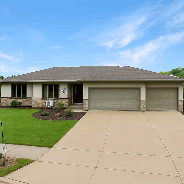 view of front facade featuring stone siding, driveway, and an attached garage