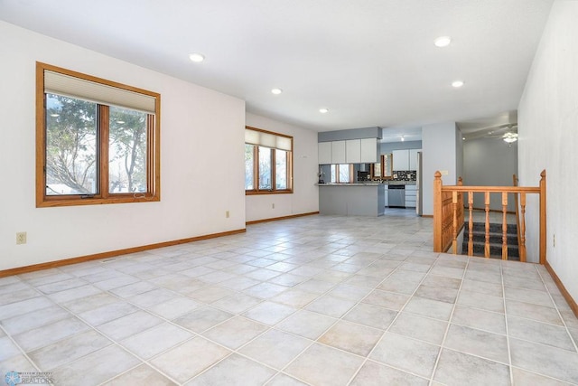 unfurnished living room featuring recessed lighting, baseboards, light tile patterned flooring, and a ceiling fan
