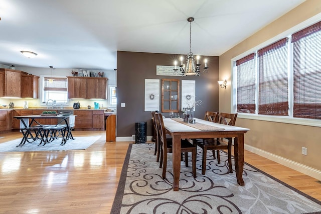 29560 204th Ave, Elizabeth Twp, MN 56537 - dining area featuring a chandelier, light wood-type flooring, and baseboards