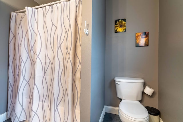 29560 204th Ave, Elizabeth Twp, MN 56537 - full bathroom with baseboards, toilet, and curtained shower