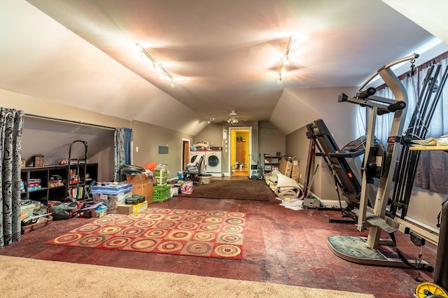 29560 204th Ave, Elizabeth Twp, MN 56537 - playroom with rail lighting, lofted ceiling, washer and dryer, and ceiling fan