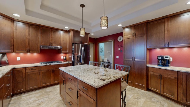 380 7th St SE, Chatfield, MN 55923 - kitchen featuring appliances with stainless steel finishes, under cabinet range hood, a tray ceiling, recessed lighting, and pendant lighting