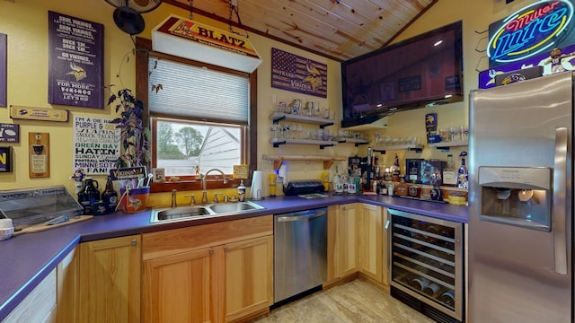 380 7th St SE, Chatfield, MN 55923 - indoor bar with beverage cooler, appliances with stainless steel finishes, wooden ceiling, and vaulted ceiling
